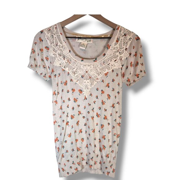 Flying Tomato sweater womens Medium cream floral short-sleeve lace coquette - Picture 1 of 8
